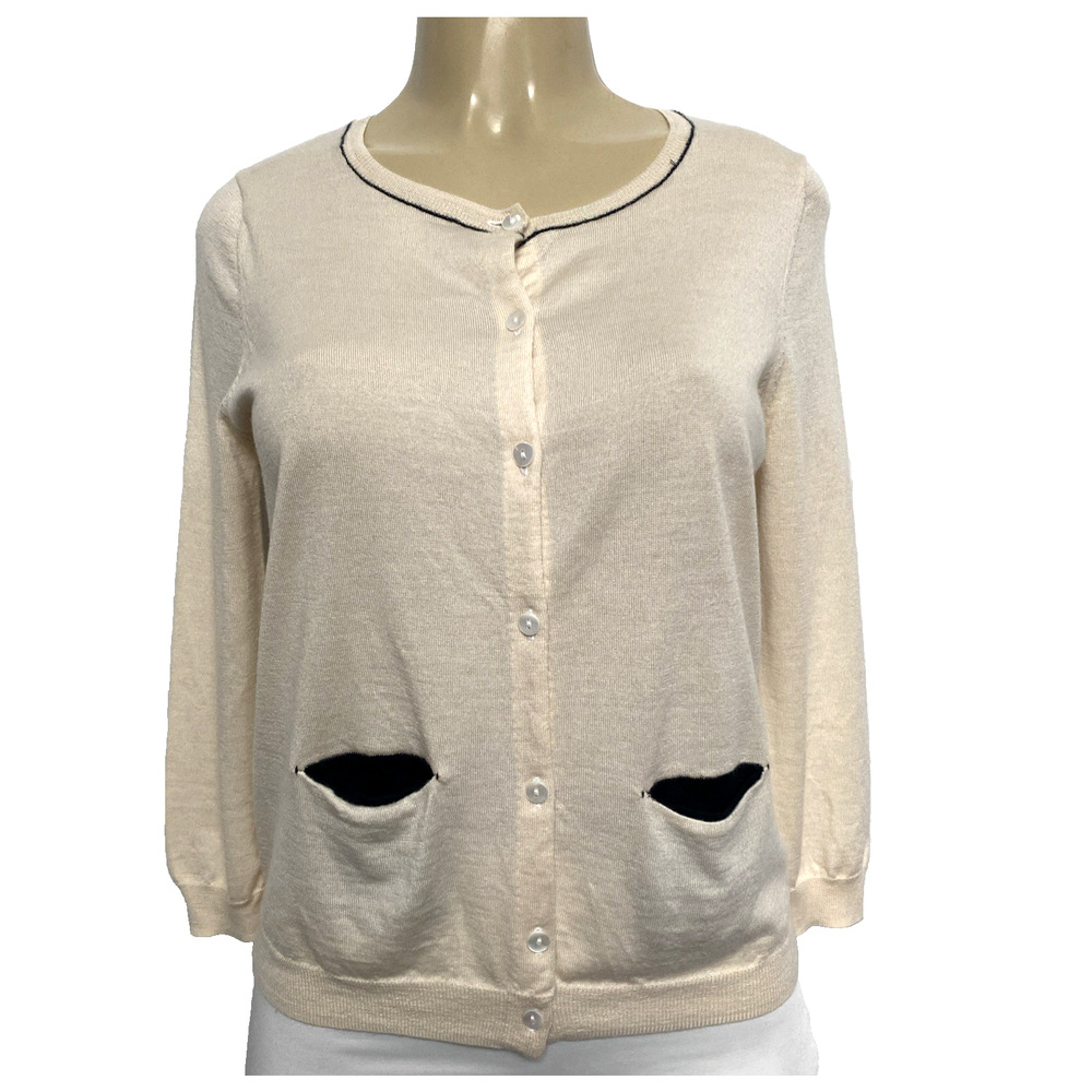 Lanvin en Bleu Wool Silk Cashmere Cardigan Sweater 3/4 Sleeve Cream Pockets S